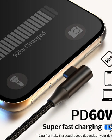 USB-C to Type-C 60W 3A Fast Charging Cable, 90° Angled Design, Nylon Braided. For Type-C phones/tablets/headphones. 25cm/50cm/1m