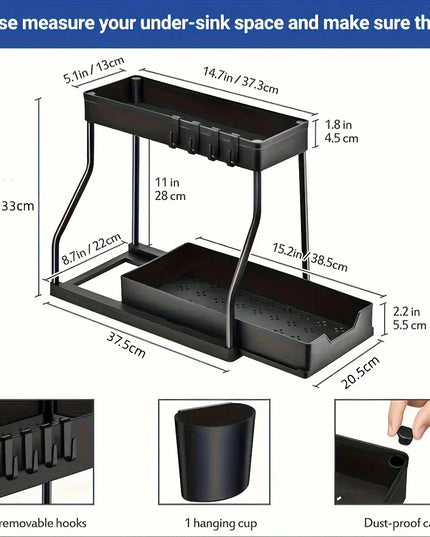 Under Sink Organizer Space Saving 2 Tier Pull Out Storage Box Durable Large Capacity Kitchen Bathroom Essential Drawer Organizer