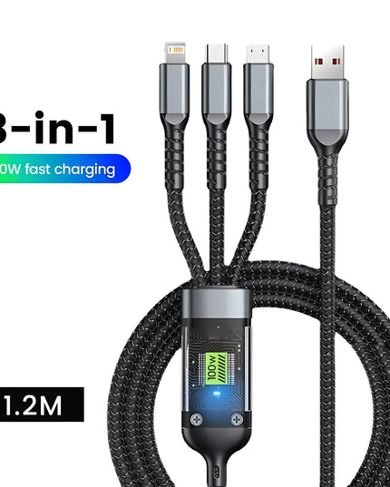 3 in 1 100W USB A Cable Fast Charging Micro USB Data Cord Phone Charger Quick Charge Cable For iPhone Samsung Xiaomi Huawei