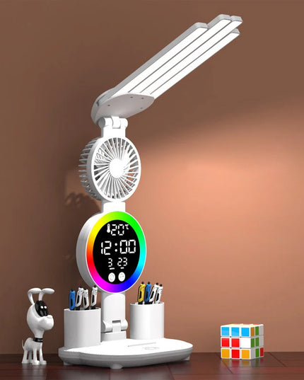 Rechargeable Table Lamp for Study, Desk Lamp Reading Light Led Table Light with Fan, Led Clock Dispaly Reading Lamp