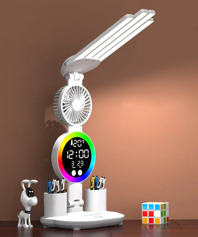 Rechargeable Table Lamp for Study, Desk Lamp Reading Light Led Table Light with Fan, Led Clock Dispaly Reading Lamp