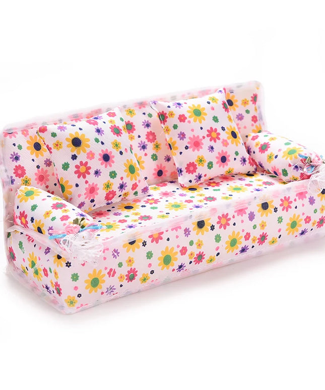 1 Set Cute Miniature Doll House Furniture Flower Cloth Sofa With 2 Cushions Pretend Play For Doll Kids Play House Toys