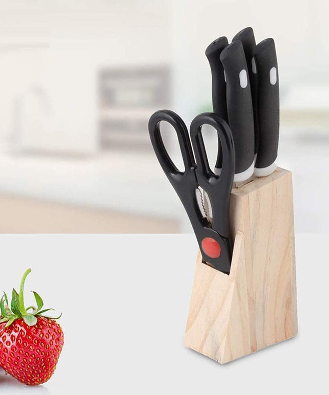 Kitchen Knife Set With Wooden Block And Scissors (5 Pcs Black)