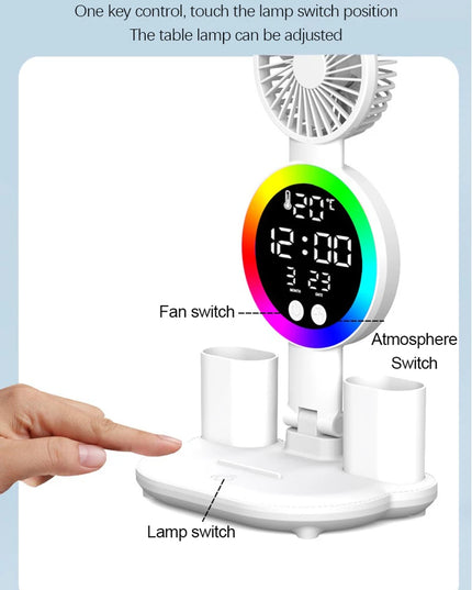Led Table Lamp Rechargeable For Study Desk Lamp Reading Night Light With Fan Clock Dispaly Room Bedside Reading Led  Desk Lights