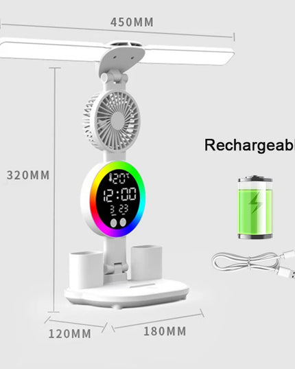 Rechargeable Led Table Lamp for Study Desk Lamp Reading Light Led Night Light with Fan Led Clock Dispaly Reading Desk Light