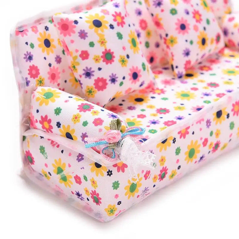 1 Set Cute Miniature Doll House Furniture Flower Cloth Sofa With 2 Cushions Pretend Play For Doll Kids Play House Toys
