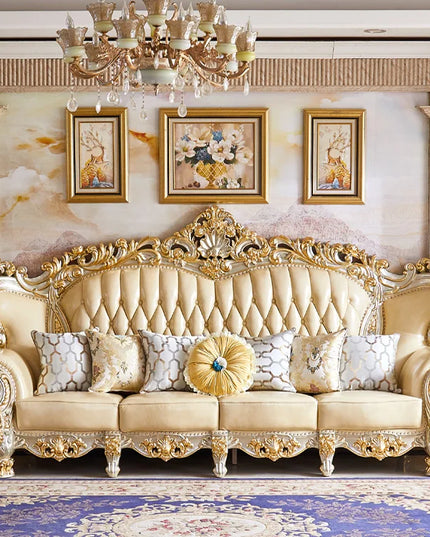 European Royal Luxury Villa Living Room Sofa Set Large Sized Solid Wood Carving with Noble Gold Finish for Hotels
