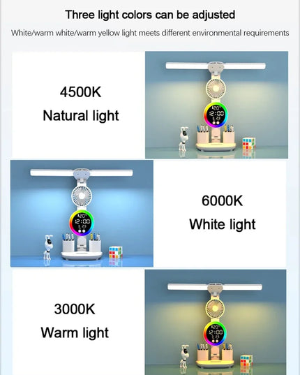 Led Table Lamp Rechargeable For Study Desk Lamp Reading Night Light With Fan Clock Dispaly Room Bedside Reading Led  Desk Lights