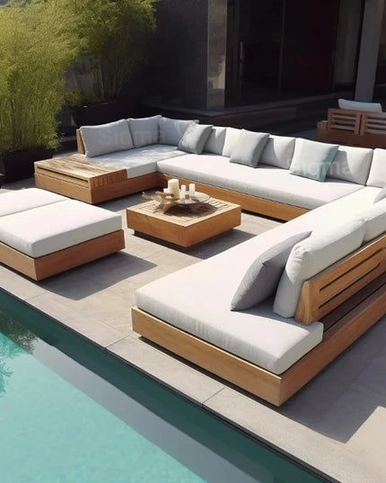 New Arrival Modern Design Outdoor Teak Sofa Combination Modern Teak Patio Garden Sofas Set Waterproof Villa Furniture