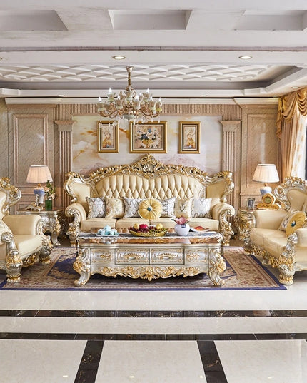 European Royal Luxury Villa Living Room Sofa Set Large Sized Solid Wood Carving with Noble Gold Finish for Hotels