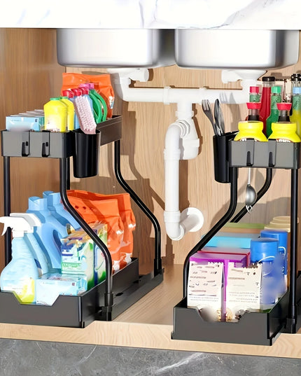 Under Sink Organizer Space Saving 2 Tier Pull Out Storage Box Durable Large Capacity Kitchen Bathroom Essential Drawer Organizer