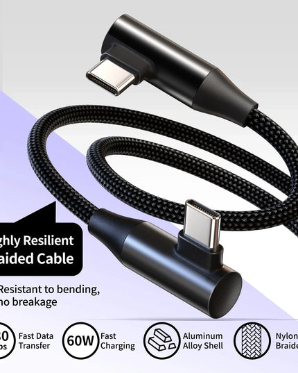 USB-C to Type-C 60W 3A Fast Charging Cable, 90° Angled Design, Nylon Braided. For Type-C phones/tablets/headphones. 25cm/50cm/1m