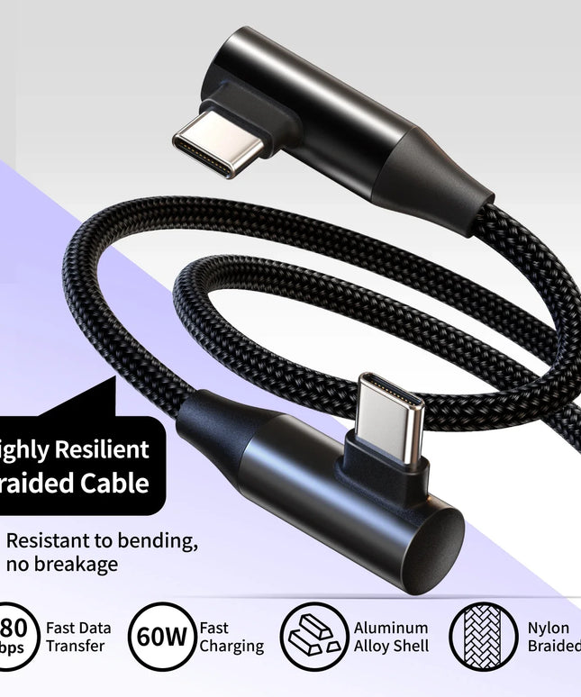 USB-C to Type-C 60W 3A Fast Charging Cable, 90° Angled Design, Nylon Braided. For Type-C phones/tablets/headphones. 25cm/50cm/1m