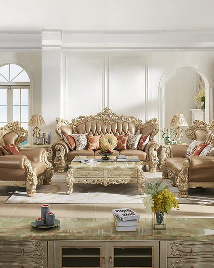 European Royal Luxury Villa Living Room Sofa Set Large Sized Solid Wood Carving with Noble Gold Finish for Hotels