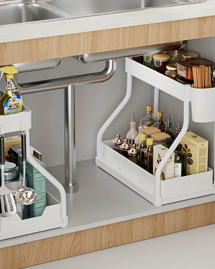 Under Sink Organizer Space Saving 2 Tier Pull Out Storage Box Durable Large Capacity Kitchen Bathroom Essential Drawer Organizer