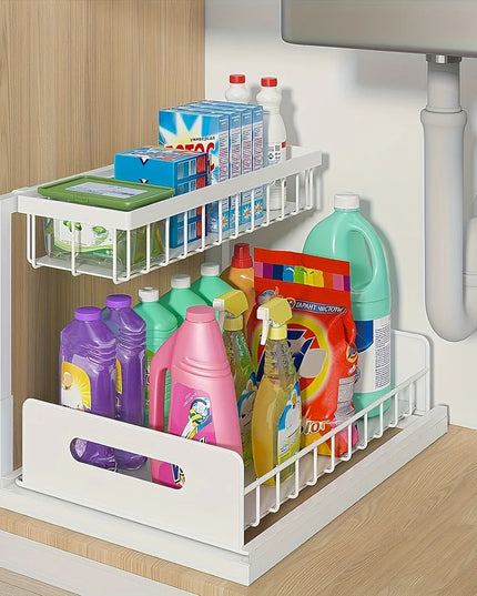 Under Sink Kitchen Storage Rack Set - Sliding Metal Drawer Organizer for Bathroom, Pantry, and Cabinets  Essential for Home Use