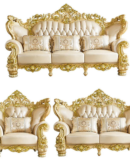 European Royal Luxury Villa Living Room Sofa Set Large Sized Solid Wood Carving with Noble Gold Finish for Hotels
