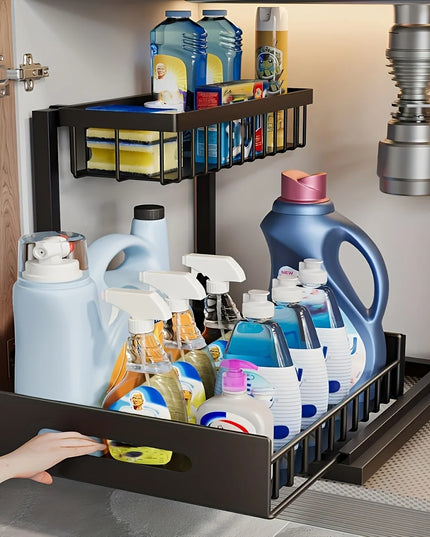 Under Sink Kitchen Storage Rack Set - Sliding Metal Drawer Organizer for Bathroom, Pantry, and Cabinets  Essential for Home Use