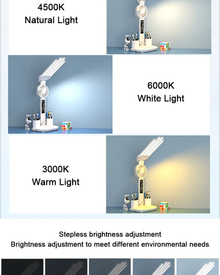 Rechargeable Table Lamp for Study, Desk Lamp Reading Light Led Table Light with Fan, Led Clock Dispaly Reading Lamp