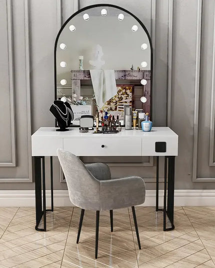 Vanity Set with Lighted Mirror, Makeup Vanity Dressing Table with LED Light, Drawers, Storage Shelves and Cosmetics Cabinet