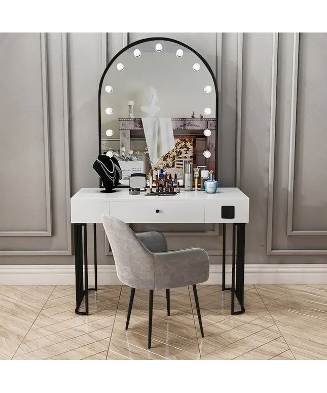 Vanity Set with Lighted Mirror, Makeup Vanity Dressing Table with LED Light, Drawers, Storage Shelves and Cosmetics Cabinet