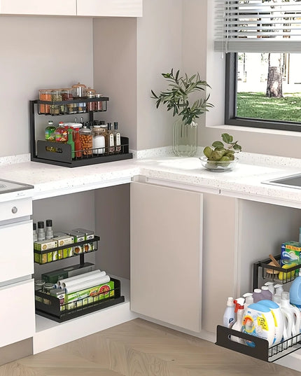 Under Sink Kitchen Storage Rack Set - Sliding Metal Drawer Organizer for Bathroom, Pantry, and Cabinets  Essential for Home Use