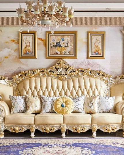 European Royal Luxury Villa Living Room Sofa Set Large Sized Solid Wood Carving with Noble Gold Finish for Hotels