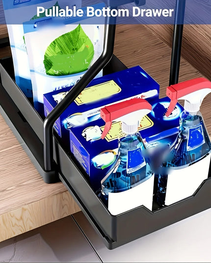 Under Sink Organizer Space Saving 2 Tier Pull Out Storage Box Durable Large Capacity Kitchen Bathroom Essential Drawer Organizer