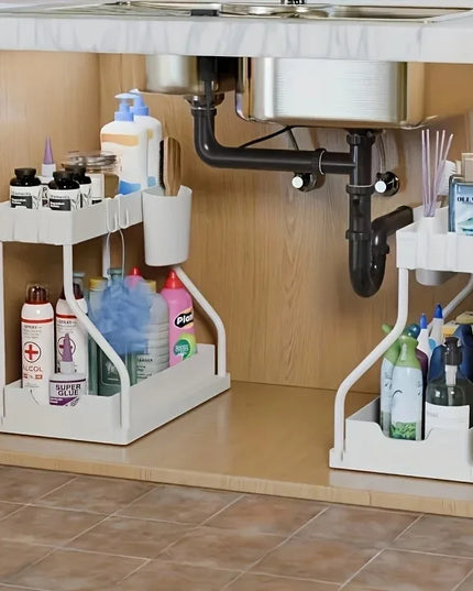 Under Sink Organizer Space Saving 2 Tier Pull Out Storage Box Durable Large Capacity Kitchen Bathroom Essential Drawer Organizer