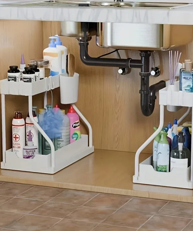 Under Sink Organizer Space Saving 2 Tier Pull Out Storage Box Durable Large Capacity Kitchen Bathroom Essential Drawer Organizer