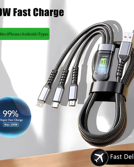 3 in 1 100W USB A Cable Fast Charging Micro USB Data Cord Phone Charger Quick Charge Cable For iPhone Samsung Xiaomi Huawei