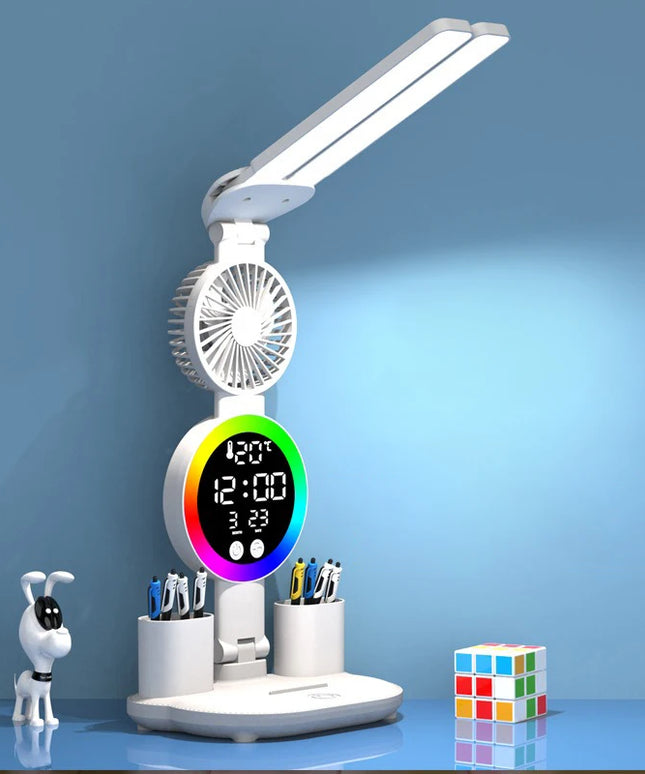 Rechargeable Led Table Lamp for Study Desk Lamp Reading Light Led Night Light with Fan Led Clock Dispaly Reading Desk Light