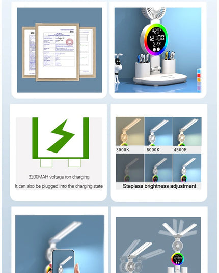Rechargeable Led Table Lamp for Study Desk Lamp Reading Light Led Night Light with Fan Led Clock Dispaly Reading Desk Light