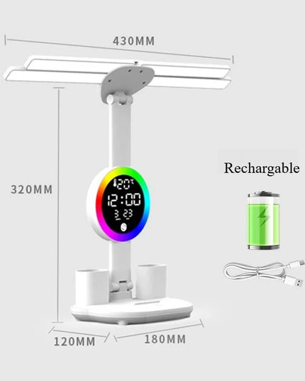 Rechargeable Table Lamp for Study, Desk Lamp Reading Light Led Table Light with Fan, Led Clock Dispaly Reading Lamp