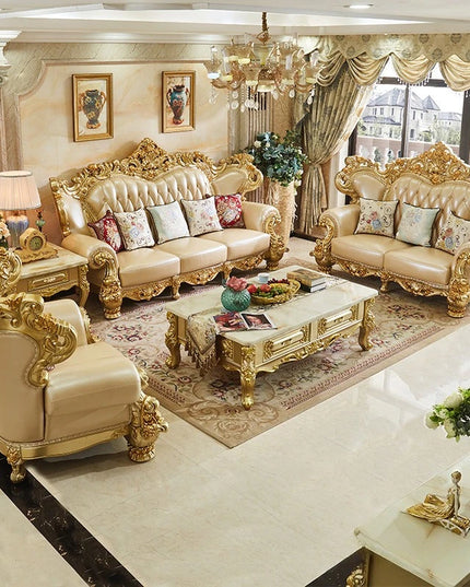 European Royal Luxury Villa Living Room Sofa Set Large Sized Solid Wood Carving with Noble Gold Finish for Hotels