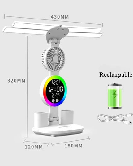 Rechargeable Table Lamp for Study, Desk Lamp Reading Light Led Table Light with Fan, Led Clock Dispaly Reading Lamp