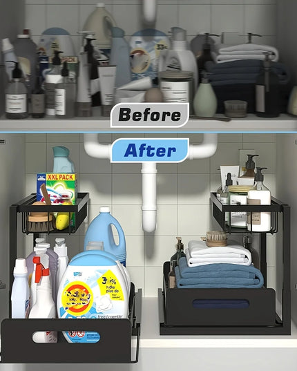 Under Sink Kitchen Storage Rack Set - Sliding Metal Drawer Organizer for Bathroom, Pantry, and Cabinets  Essential for Home Use