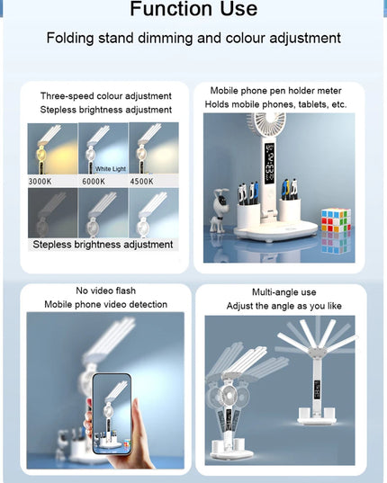 Rechargeable Table Lamp for Study, Desk Lamp Reading Light Led Table Light with Fan, Led Clock Dispaly Reading Lamp
