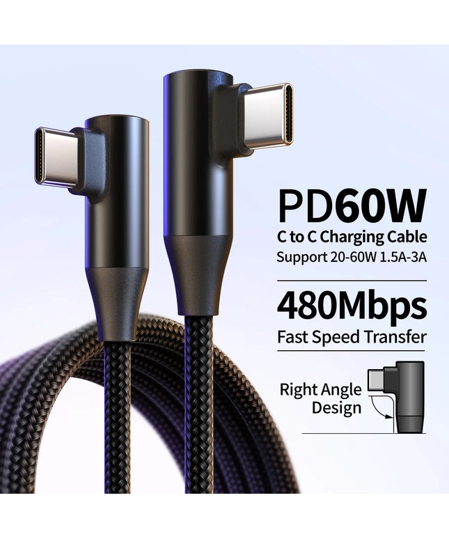 USB-C to Type-C 60W 3A Fast Charging Cable, 90° Angled Design, Nylon Braided. For Type-C phones/tablets/headphones. 25cm/50cm/1m