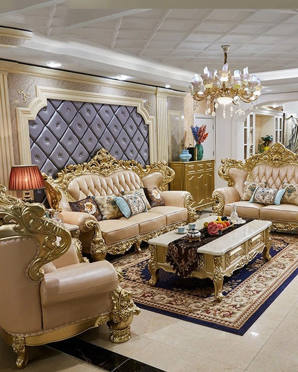 European Royal Luxury Villa Living Room Sofa Set Large Sized Solid Wood Carving with Noble Gold Finish for Hotels