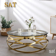 --Stainless steel frame living room side table golden glass top round coffee table modern sets clear fashion indoor