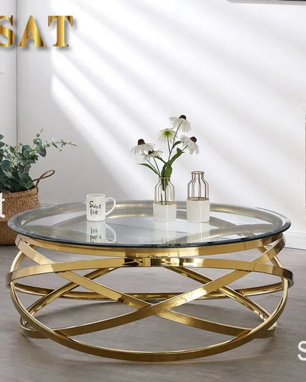 --Stainless steel frame living room side table golden glass top round coffee table modern sets clear fashion indoor
