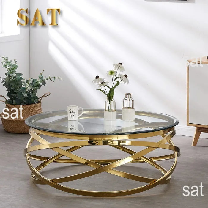 --Stainless steel frame living room side table golden glass top round coffee table modern sets clear fashion indoor