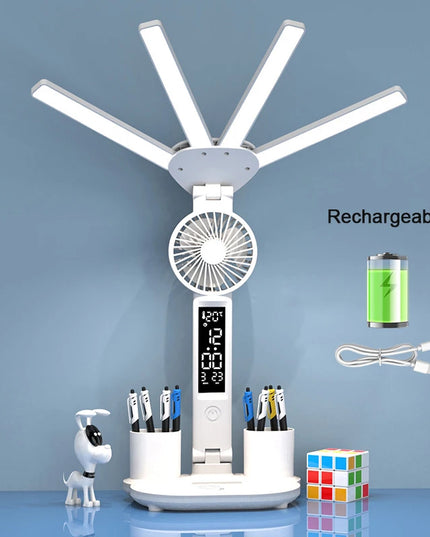 Rechargeable Table Lamp for Study, Desk Lamp Reading Light Led Table Light with Fan, Led Clock Dispaly Reading Lamp