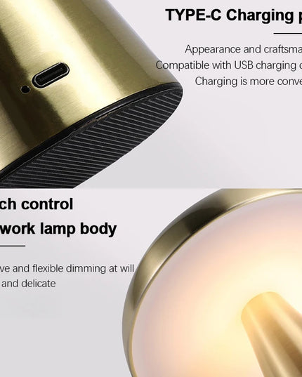 Rechargeable Table Lamp Bedroom Decoration Bar Living Room Bedside Mood Lights Touch Three Level Dimming Metal Mushroom Lamps
