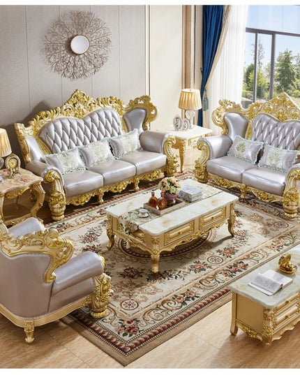 European Royal Luxury Villa Living Room Sofa Set Large Sized Solid Wood Carving with Noble Gold Finish for Hotels