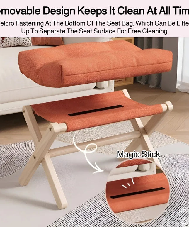 Solid Wood Shoe Changing Stool Footstool Sofa Rest Footstool, Folding Low Stool for The Entryway, Cotton-filled Cushion Stool