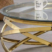 --Stainless steel frame living room side table golden glass top round coffee table modern sets clear fashion indoor