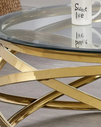--Stainless steel frame living room side table golden glass top round coffee table modern sets clear fashion indoor