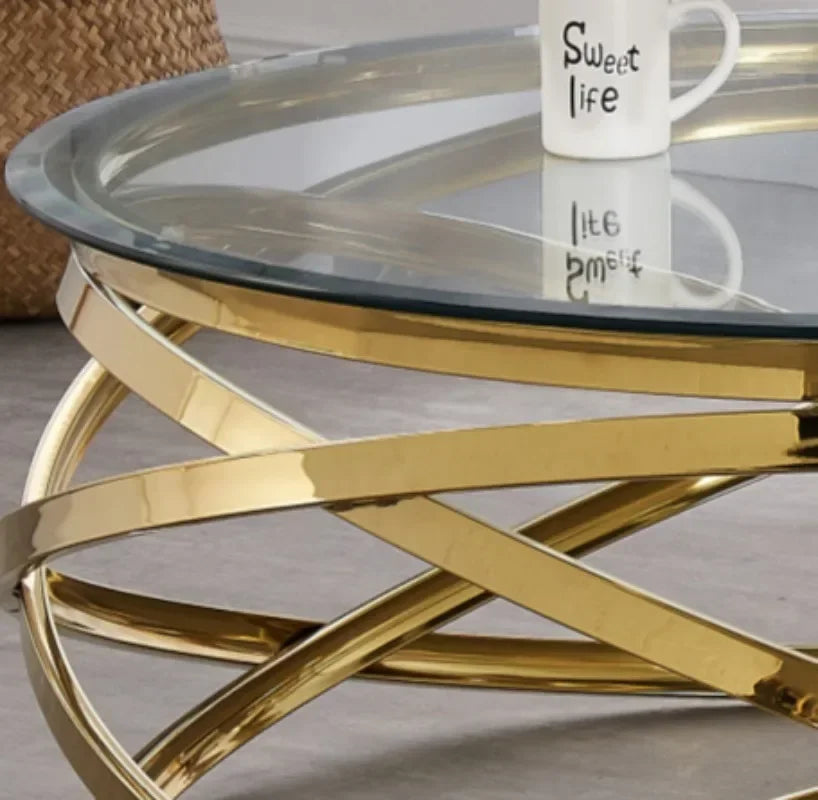 --Stainless steel frame living room side table golden glass top round coffee table modern sets clear fashion indoor